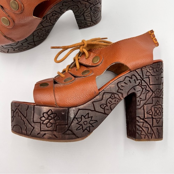 Free People Shoes - FREE PEOPLE Farrah Whiskey Etched Woode Platform  Lace Up Chunky Heels 38/7.5